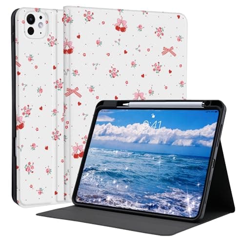 Idocolors Cute Cherry Bow Case for 8.3 Inch iPad A17 Mini 7/iPad mini 6 with Pencil Holder, Auto Wake/Sleep Leather Soft TPU Back Cover for Women Girls