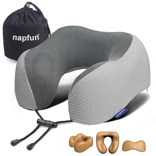 napfun Neck Pillow for Traveling, Upgraded Travel Neck Pillow for Airplane 100% Pure Memory Foam Travel Pillow for Flight Headrest Sleep, Portable Plane Accessories, Mist Gray