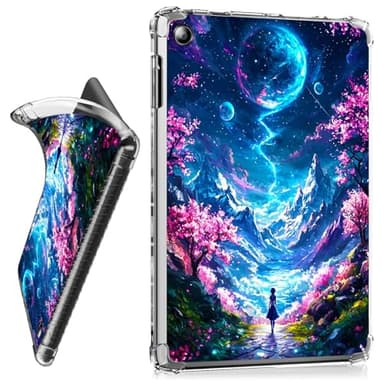 RWUTYTIUL for Amazon Kindle Fire HD 8 & 8 Plus (12th/10th Generation, 2024/2022/2020) Clear Tablet Case, Transparent Shockproof Protective Shell Lightweight TPU Accessories Cover, Moon Pink Tree