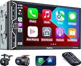 SJoyBring 7" QLED Double Din Car Stereo Compatible with Wireless Apple CarPlay & Android Auto, 240W 4.2CH Dual Subwoofer Out, Dash Cam & Backup Camera Included, Bluetooth, Mirrorlink, FM/AM Car Radio