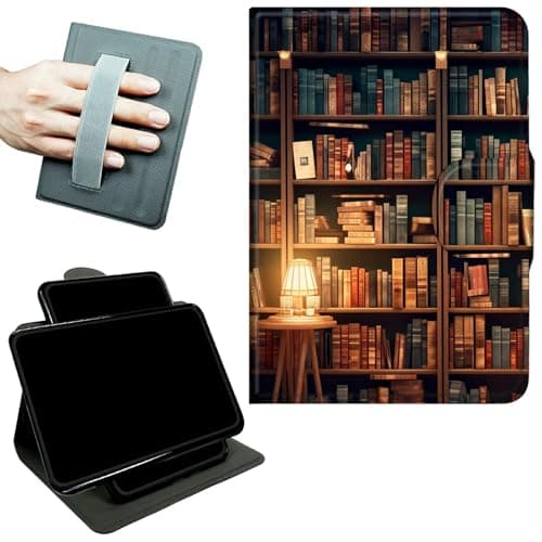 RWUTYTIUL Rotating Handle Case for Samsung Galaxy Tab A8 10.5" 2022 (SM-X200/X205/X207), 360 Degree Swivel Kickstand with Magnetic Closure Shockproof Leather Cover for Women Men, Books Library
