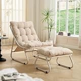 Patio Outdoor Lounge Chair with Ottoman,Beige Sling Recliner Chair