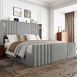 Uteeran Queen Bed Frame with 55.1" Tall Headboard, Velvet Upholstered Platform Bed with Channel Tufted Wingback, 2 Reading Lights/Storage Shelf/Charging Station/Easy Assembly/Noise-Free, Grey