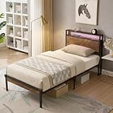 Kartivo Twin Size Metal Platform Bed Frame with Wooden Headboard and Footboard with USB Liner, LED Lights,No Box Spring Needed, Large Under Bed Storage, Easy Assemble