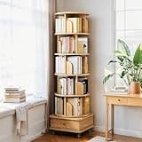 LOVEZOE 6 Tier Rotating Bookshelf, 360 Degree Round Spinning Bookcase with Wheels and Drawer, Space Saving Storage Tower for Bedroom Living Room Home Office, Wood Color