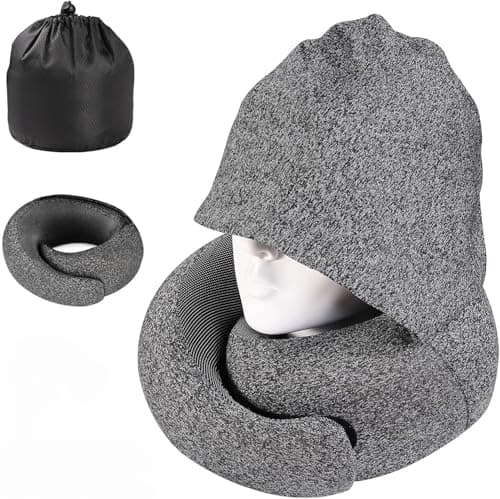 Sodorous ShadeHug Long Travel Pillow - Memory Foam Neck Support with Hood,Neck Pillow for Airplane, Flight - Super Soft, Maximum Privacy & Light-Block Design, Lightweight Full Travel Kit - Dark Grey