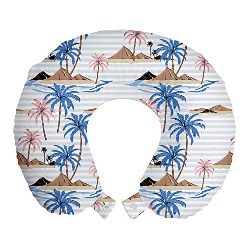 Ambesonne Exotic Travel Pillow Neck Rest, Tropical Coast of Coconut Palm Tree Caribbean Beach Travel Theme Pattern, Memory Foam Traveling Accessory for Airplane and Car, 12", Camel Blue and Blush