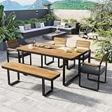 CJLMN 6-Piece Outdoor Dining Set with Acacia Wood Table, 4 Cushioned Chairs & Bench for 6-7 Person, Gray Cushions
