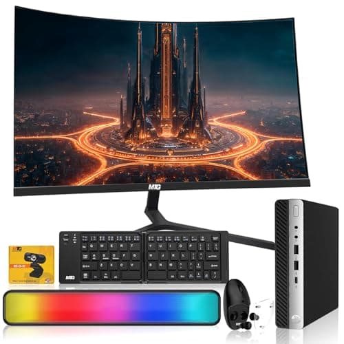 HP EliteDesk G5 Tiny Mini PC,Intel i5,16GB RAM,1TB SSD+500GB HDD,27" Curved Monitor,Foldable Wireless Keyboard/Mouse with Built-in Earbuds,RGB Soundbar,Webcam,USB WiFi & BT,Windows 11(Renewed)