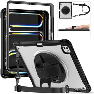 FONREST Crystal Case for iPad Pro 13-inch M4 (2024) A2925/A2926 w/ [Pencil Holder] Swivel Kickstand Matte Translucent Wraped Edge Shock-Proof Rugged Cover w/Shoulder/Palm-Strap (Transparent)
