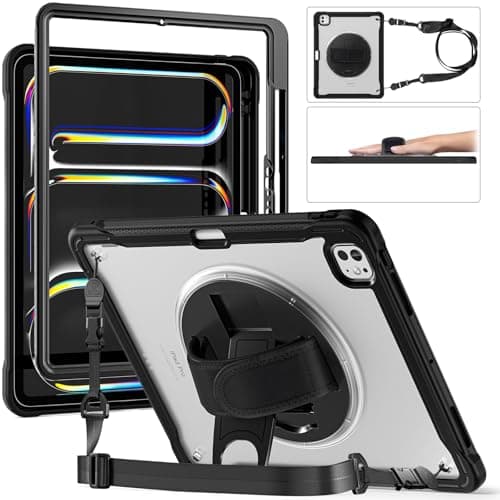 FONREST Crystal Case for iPad Pro 13-inch M4 (2024) A2925/A2926 w/ [Pencil Holder] Swivel Kickstand Matte Translucent Wraped Edge Shock-Proof Rugged Cover w/Shoulder/Palm-Strap (Transparent)