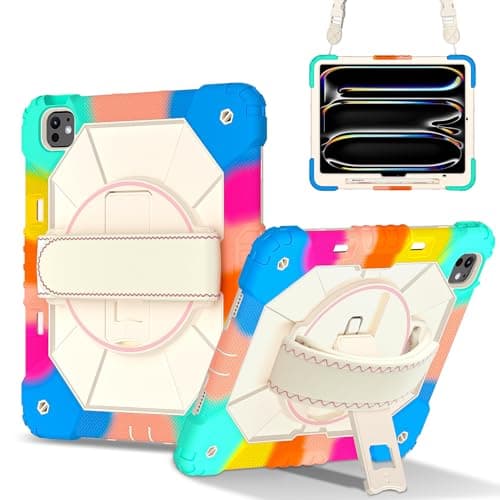 DXVTRKJM Case for IPad Pro13 M4 (2024)/M5 A3360 (2025),360° Rotating Stand Hand/Shoulder Strap &Shockproof Silicone and Hard PC. (Colorful Blue)