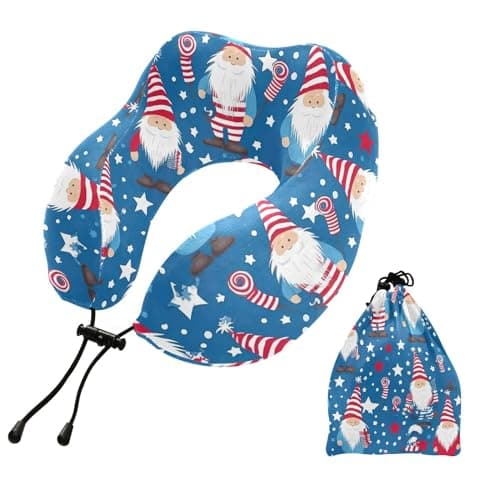 SPRIPORT Gnomes America Flag Travel Neck Pillow for Sleeping Airplane Memory Foam Neck Support Pillow with Storage Bag Sleeper Hold Pillow for Long Flight Car Train Bus Home Office Adults Kids