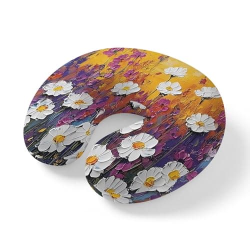 ZRNLTDGHK Neck Pillow Oil Painting Style Daisy Lavender Travel Pillow Memory Foam U Shaped Pillows, Retro Floral Travel Neck Pillows for Airplane Car Office Home Sleeping Rest