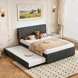 FAVSH Full Size Upholstered Platform Bed with Trundle and USB/Type-C Charging, Linen Fabric Full and Twin Double Bed w/LED Lights with APP for Bedroom,Dark Gray