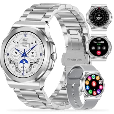 TAYSHILEY Unisex Smart Watch, Make/Answer Calls, 1.27 Inch Full Touch Screen, IP67 Waterproof, 100+ Sports Modes, Heart Rate & Sleep Monitoring, Compatible with Android & iOS (White Steel Belt)