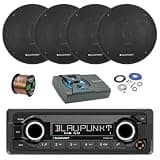 Blaupunkt Dubai 424 Heavy Duty 24V USB Bluetooth AM/FM Stereo Reciever, 4X 6.5 70 Watt 3-Way Slim Design Car Speakers, 8" Amplified Subwoofer w/Install Kit, Wire