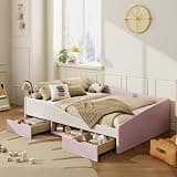 Merax Full Size Upholstered Daybed Frame with 2 Storage Drawers, Corduroy and Velvet Daybed with Guardrail and Storage Shelf, Full Daybed with Wooden Slats, No Box Spring Needed, Pink