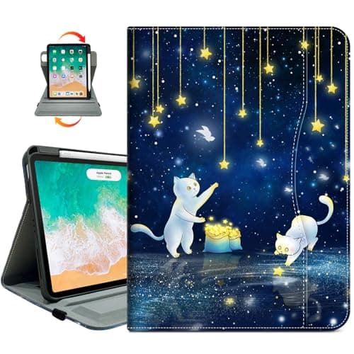 Rotating Case for iPad Air 11 Inch M4/M3/M2 2026, for iPad Air 5th/4th Gen Cases, for iPad Pro 11 Inch Case 4th/3rd/2nd/1st Generation Pencil Holder/Hand Strap/Pocket 360 Degree Rotating, Cat Star