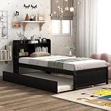 roomfitters Twin Bed Frame with Bookcase Headboard and Pull Out Trundle, Wooden Daybed with Built in Storage Shelves, Espresso
