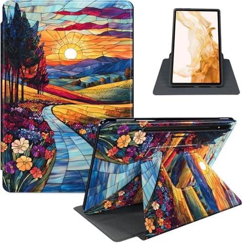 Case for Samsung Galaxy Tab S8 Plus 2022 / S7 FE 2021 / S7 Plus 2020 12.4-Inch, 360° Rotating PU Leather Stand Cover with Auto Sleep/Wake, Shockproof TPU Backl, Sunset Path