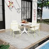 Modern Striped Color Dining Chairs and Table Set with All Metal Frame for Poolside, Garden, Outdoor Patio Furniture Set with Lightweight PP Tabletop for Lawn, Backyard (Round Table & 4 Chairs+Yellow)
