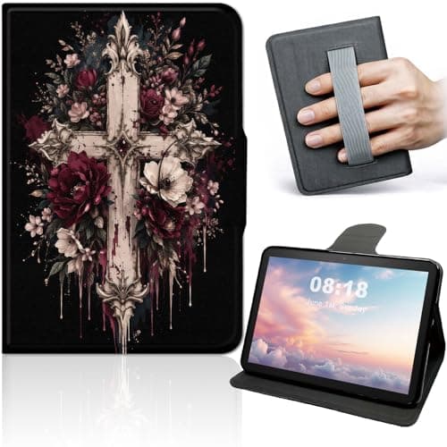 Case for Kindle Fire HD 8 & 8 Plus Tablet (12th Generation/10th Generation, 2024/2022/2020 Release) 8", Slim 360° Rotating Stand Tablet Cover with Auto Wake Sleep, Gothic Cross Red Roses