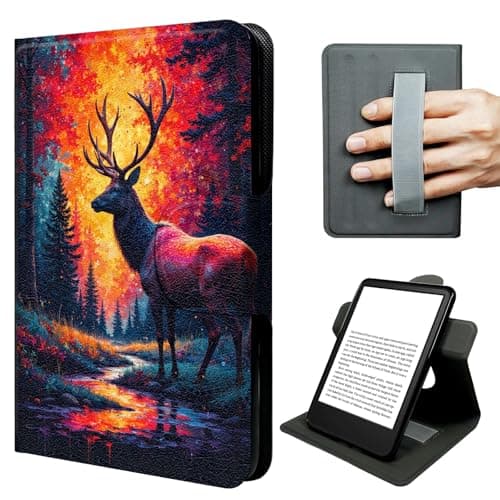 JNFBWULO Case for Fire HD 8 Tablet (8th/7th/6th Gen, 2018/2017/2016), 360° Rotating Stand Cover with Elastic Hand Strap, Auto Sleep Wake, Textured Leather Protective Case - Firelit Forest Deer