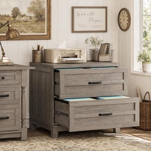 Garvee 2 Drawer Farmhouse Lateral File Cabinet for Home Office, Deep Filing Drawers Fit Legal Letter & A4 Hanging Files, Wide Storage Cabinet with Heavy-Duty Frame & Spacious Top, Retro Gray