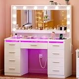 FINOESO Large Vanity Desk with Mirror and Lights, 3-Color LED, Makeup Vanity with Clear Glass Top & RGB Light, Vanity Table with 9 Drawers, Open Shelf, Power Outlet, Vanity for Women Bedroom, White