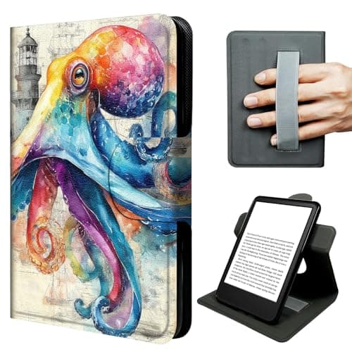 JNFBWULO Case for Kindle 11th Generation (6" Display, 2022 & 2024 Release, Basic Kindle), 360° Rotating Stand Cover with Hand Strap, Auto Sleep Wake Protective Folio - Artistic Octopus