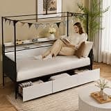 Modern Twin-Size Bed with 3 Under-Bed Storage Drawers, LED Lights and Charging Station, White Platform Bed Frame with Built-in USB Ports for Teens and Small Spaces