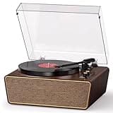 MANGOSTAN Vinyl Record Player Bluetooth Turntable with 4 Built-in Speakers, 3-Speed Belt-Driven Vintage Phonograph, RCA Out, AUX-in, Headphone Jack, USB to PC Recording, Auto Stop, Dark Gray Wood