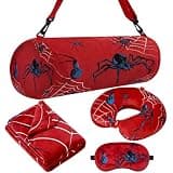Moukeren 4 Pcs Spider Travel Pillow and Blanket Set Travel Airplane Essentials with Memory Foam Neck Pillow Fleece Blanket Eye Mask and Storage Bag for Boys and Girls Sleeping Use (Spider Web)