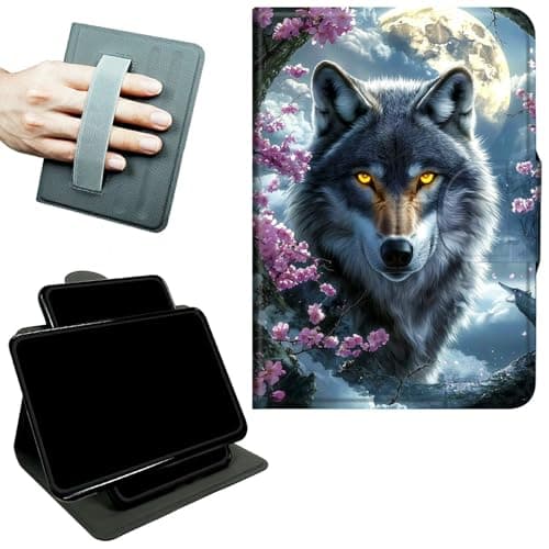 RWUTYTIUL Rotating Handle Case for Samsung Galaxy Tab A7 Lite 2021 8.7", 360 Degree Swivel Kickstand with Magnetic Closure Shockproof Leather Protective Cover for Women Men, Cherry Blossom Gray Wolf