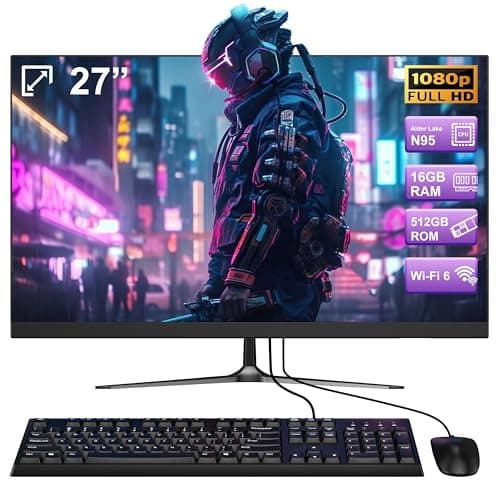 All-in-One Desktop Computer Alder Lake N95 27 inch All-in-One PC 16GB RAM 512GB ROM Full HD IPS Display USB3.0*4 Built in Speaker Dual-Band WiFi&Bluetooth 5.1 with Wired Keyboard and Mouse.