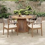Acacia Wood Patio Set, Outdoor Dining Set for 4, 5 Piece Set with Round Patio Dining Table, 4 Rope Chairs, Beige 2 Inch Cushions, Light Teak Look, Weather Ready for and Deck