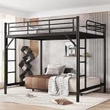 Metal Queen Size Loft Bed,Heavy Duty Loft Bed Frame Queen with 2 Ladders and Guardrails for Kids, Teens, Adults,Noise-Reducing,Space-Saving,Round Tube,Black