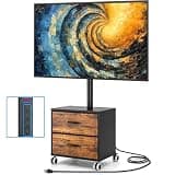 Rfiver Swivel Floor TV Stand with Power Outlet for 32-65 inch TVs, Height Adjustable Tall TV Stand with Wood Base, Hold Up to 88lbs, Space Saving for Bedroom, Living Room (Black with 2 Drawers)
