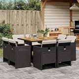 NKOPPFG 9 Piece Outdoor Dining Set with Cushions, Black PE Rattan Patio Set with Acacia Wood Table and Foldable Chairs