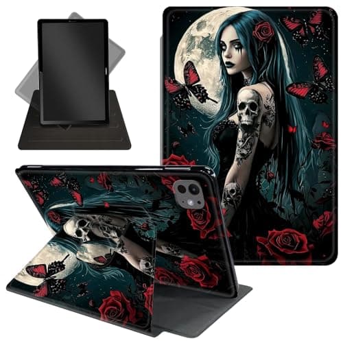 Case for iPad Pro 13 Inch 2024 7th Generationg (M4),360 Degree Rotating Protective Stand Cover with Auto Wake/Sleep,for iPad Pro 13 Inch 2024,Skull Tattoo Girl, Red Rose
