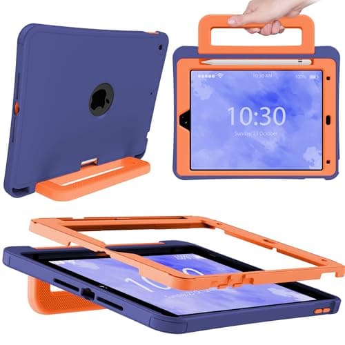 INFILAND iPad 9th Generation Case (2021) / 8th Generation (2020) / 7th Generation (2019), 10.2 Inch Durable TPU Shockproof Cover with Stand, Handle & Pencil Holder (Navy Blue-Orange)