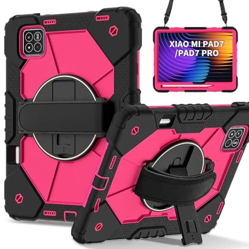 DXVTRKJM Case for Xiaomi Pad 7/ Pad 7 Pro 11.2 Inch,360° Rotating Stand Hand/Shoulder Strap &Shockproof Silicone and Hard PC. (Black+Rose Red)