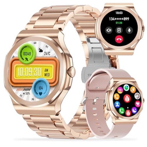 KALPADIVES Smart Watch for Men Women, 1.27" HD Fitness Tracker with Bluetooth Calling/Heart Rate/Sleep Monitor/100+ Sport Modes, Stainless Steel+Silicone Band for Android iOS (Gold)