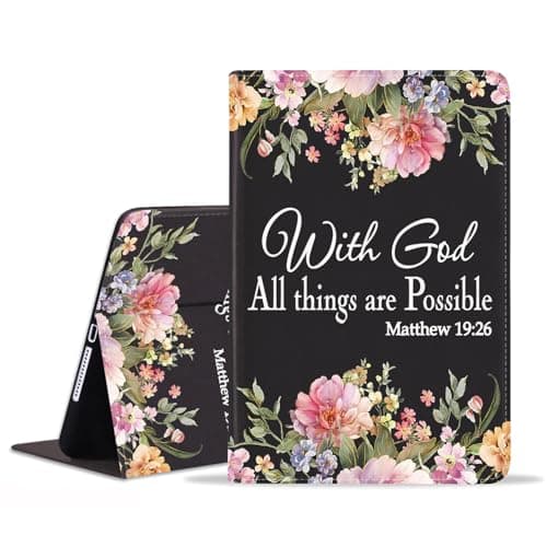 POIUYTREW Case for iPad Mini 5 Generation 2019/ Mini 4 3 2 1, PU Leather Folio Case Smart Cover with Stand & Auto Wake Sleep for iPad Mini 5/4/3/2/1, Floral Quote Bible Verse Matthew 19:26
