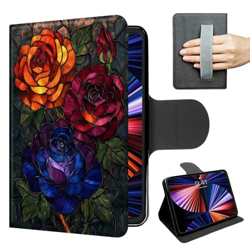 Case for Samsung Galaxy Tab S7 FE / S8 Plus 5G 12.4'' - Slim Folding Stand Cover with Hand Strap and Magnetic Clasp, Tained Glass Rose
