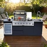 85" Outdoor Kitchen Island Gas Grill, 4 Stainless Steel Burners, 72,000 BTU BBQ Grill with Infrared Rear Burner, Side Burner, Refrigerator, Rotisserie Kit, Storage Cabinets