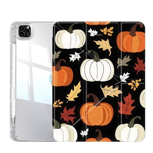 Case for iPad Pro 13 Inch (M5/M4) 2025/2024, Slim Clear Case with Pencil Holder, Multi-Angles Folding Y-Shaped Stand Cover, Pumpkins and Maple Leaves