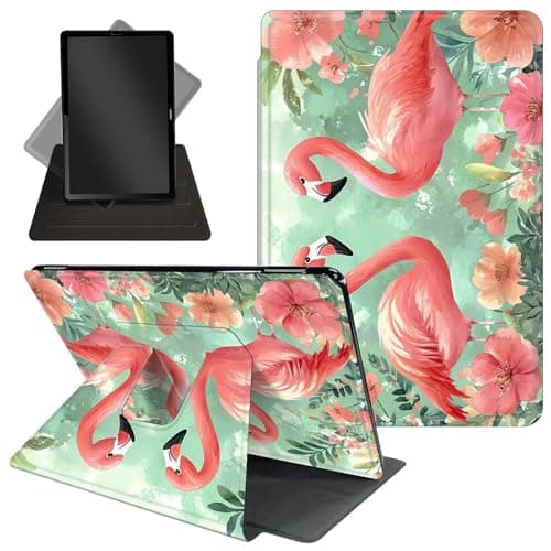 Case for All-New 7'' Kindle Paperwhite 12th Gen 2025/2024 & Kindle Colorsoft Signature Edition - 360 Degree Rotating Stand,Folio Case with Auto Wake/Sleep for Kids,Two Pink Flamingos