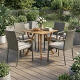 Hassyee 5 Piece Outdoor Dining Set with Metal Frame and Acacia Wood Table for Poolside, Backyard, Patio Furniture Set with 4 Stackable Grey Wicker Chairs and Thick Cushions for Lawn